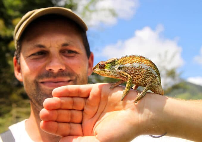 A tourist holding a chameleon.
