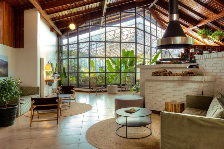 A modern, airy living room with high wooden ceilings, large windows, indoor plants, a brick fireplace, and contemporary furniture evokes the tropical charm of Costa Rica. Perfect for those who love travel and tourism-inspired decor.