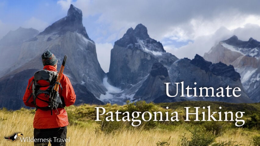 Person in red jacket with hiking gear stands in grassy field facing jagged mountain peaks under cloudy sky; text reads "Ultimate Patagonia Hiking.