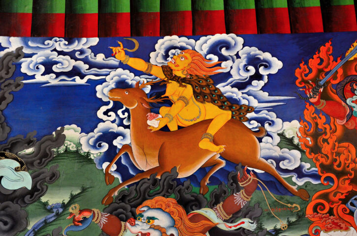 A colorful, detailed painting depicts a mythical figure on a deer embarking on a journey through swirling clouds and flames amid other creatures. The scene is vibrant and dynamic, filled with motion and energy, evoking the mystique of Shangri-La.