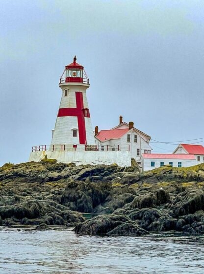 A white lighthouse with a red cross stands on a rocky coastline along the Bay of Fundy, adjacent to two buildings with red roofs, under a cloudy sky. This picturesque scene in Canada beckons adventurers and wanderers alike.