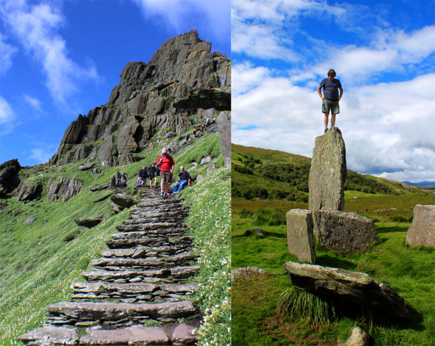 Left image: Group of people climbing stone steps on a hilly landscape under a blue sky. Right image: Person standing atop a large vertical stone formation in a grassy area with hills and sky in the background, embracing the spirit of Céad Míle Fáilte.