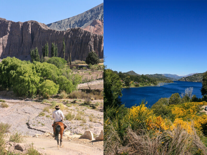 Left: Person riding a horse in a dry, rocky landscape with green vegetation, reminiscent of scenes from Southern Migration. Right: Scenic view of a lake surrounded by hills and trees under a clear blue sky.