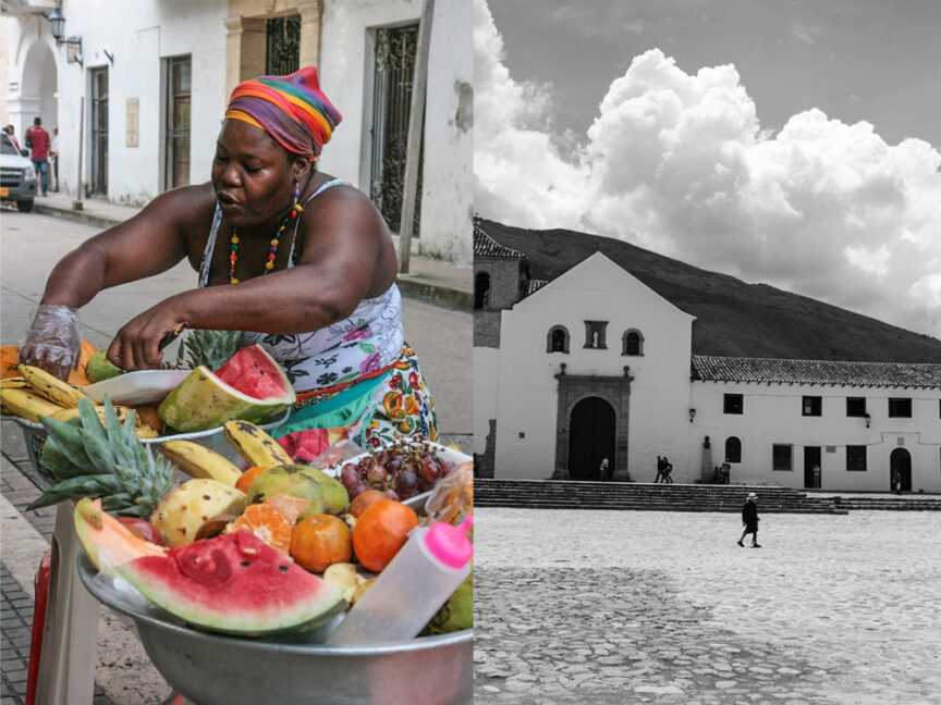 A vendor prepares fresh fruit on a street lined with buildings. Beside this, a black-and-white image depicts an open square with a large building and a few people walking, capturing the essence of Southern Migration.