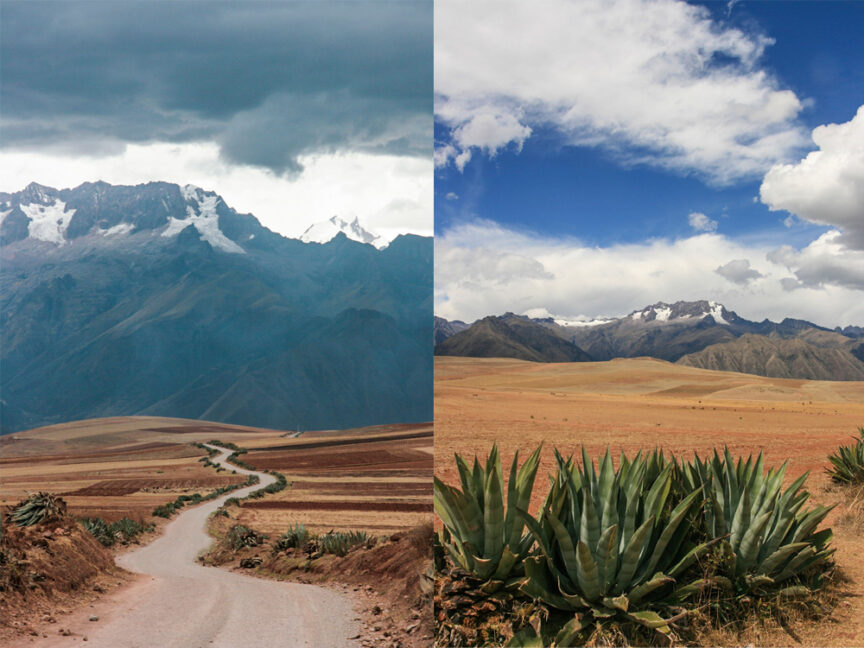 Split image showing mountainous terrain with a winding road under a cloudy sky on the left and a desert landscape with sparse vegetation and mountains in the distance under a clear sky on the right, illustrating diverse landscapes encountered during Southern Migration.