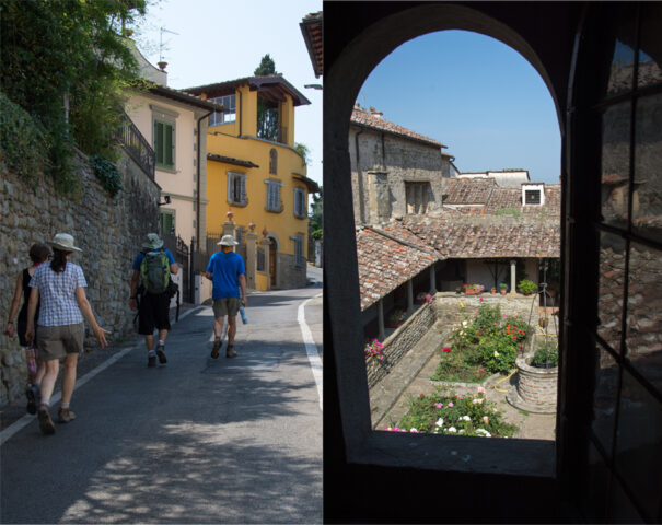 People walk down a narrow street past colorful houses in a hilly town nestled in the Apennines (left image). View from a window of a stone courtyard with a garden and well, inviting an adventure of its own (right image).