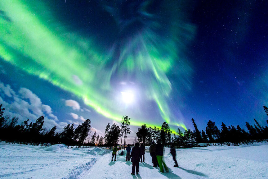 People standing on snow under a night sky illuminated by green Northern Lights, with trees in the background, showcasing one of the best places for Aurora Adventures.