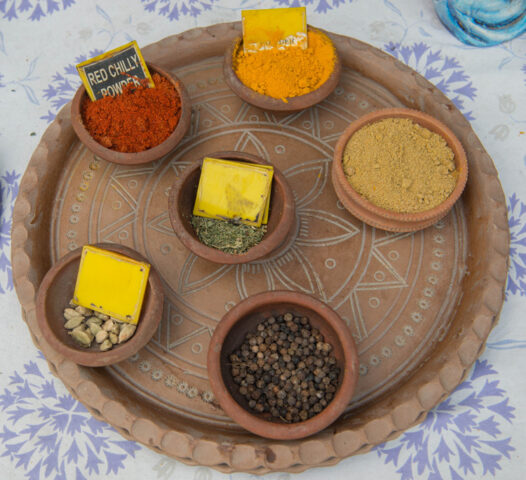 Clay tray displaying five small bowls of spices: red chili powder, turmeric, coriander powder, dried herbs, and black peppercorns, each labeled with a yellow tag—a true taste of the Country of Contrasts.