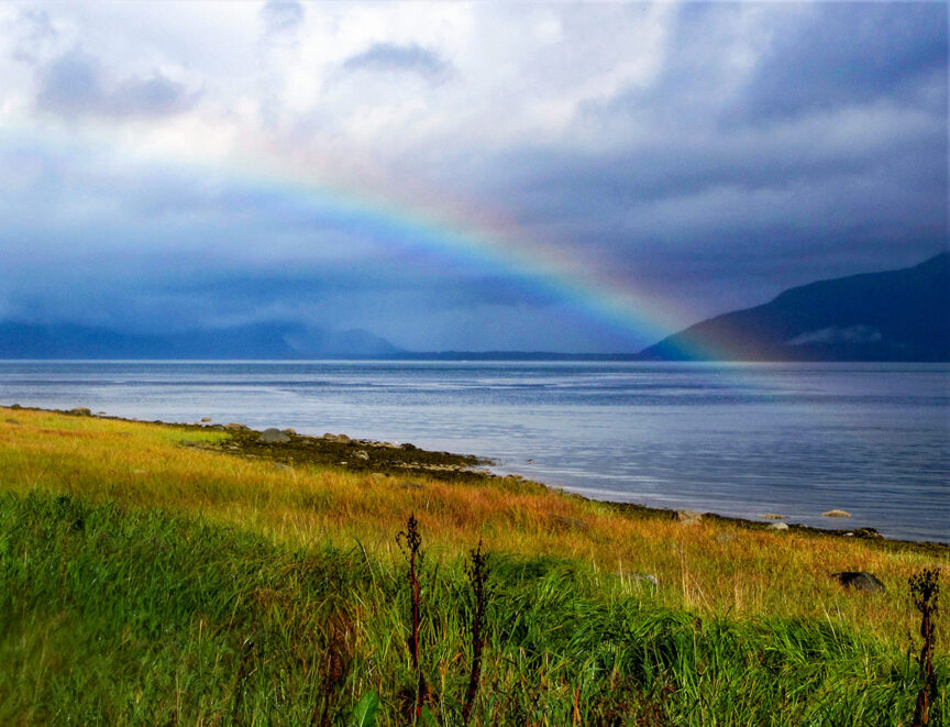 Exploring Alaska, a rainbow arcs over a calm lake with grassy shores and mountains in the background under a cloudy sky, offering serene views without the crowds.