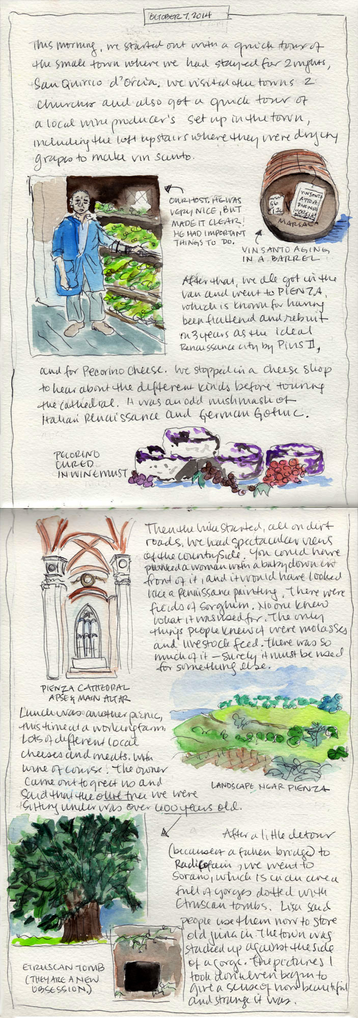 A handwritten travel journal entry with watercolor sketches of a statue, cheese, a cathedral, a scenic landscape in Tuscany, and an ancient ruin. The text describes experiences in Italy on October 6, 2018.