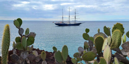 A large sailboat anchored off the coast is viewed through patches of cacti in the foreground, capturing the serene beauty of the Galápagos. The sea is calm under a partly cloudy sky.