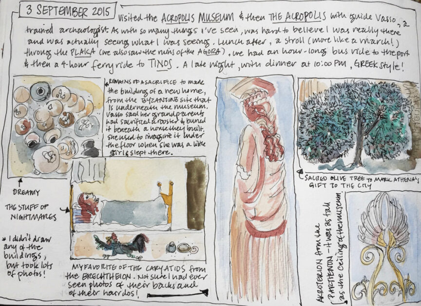 A handwritten journal page with illustrations details a visit to the Acropolis Museum and the Acropolis on September 3, 2015, including a guide named Vasso, museum artifacts, and a Greek-style dinner. The page also hints at future adventures in Norway's Fjord Country.