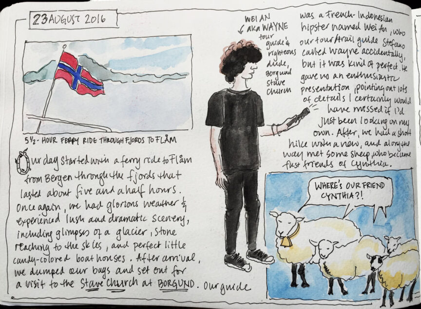 A sketchbook entry dated 23 August 2016 features a drawing of a man speaking, a group of sheep, and a Norwegian flag. The text details a ferry ride amidst the stunning scenery while hiking Norway's Fjord Country and mentions a guide named Neilan.
