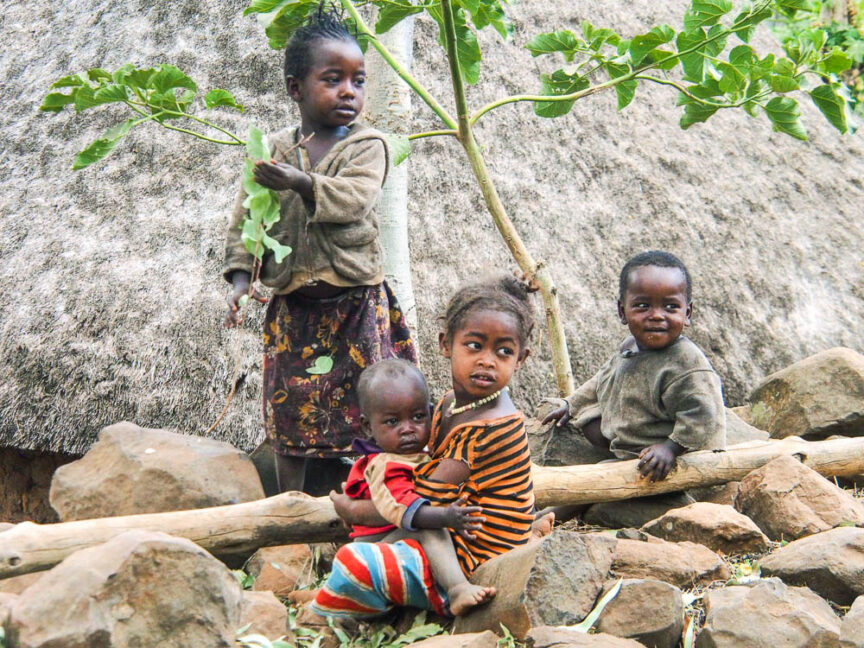 Four children, three standing and one sitting, are outdoors near rocks and greenery in colorful Ethiopia, with a thatched structure in the background. The seated child holds a baby, while the standing children hold leaves.