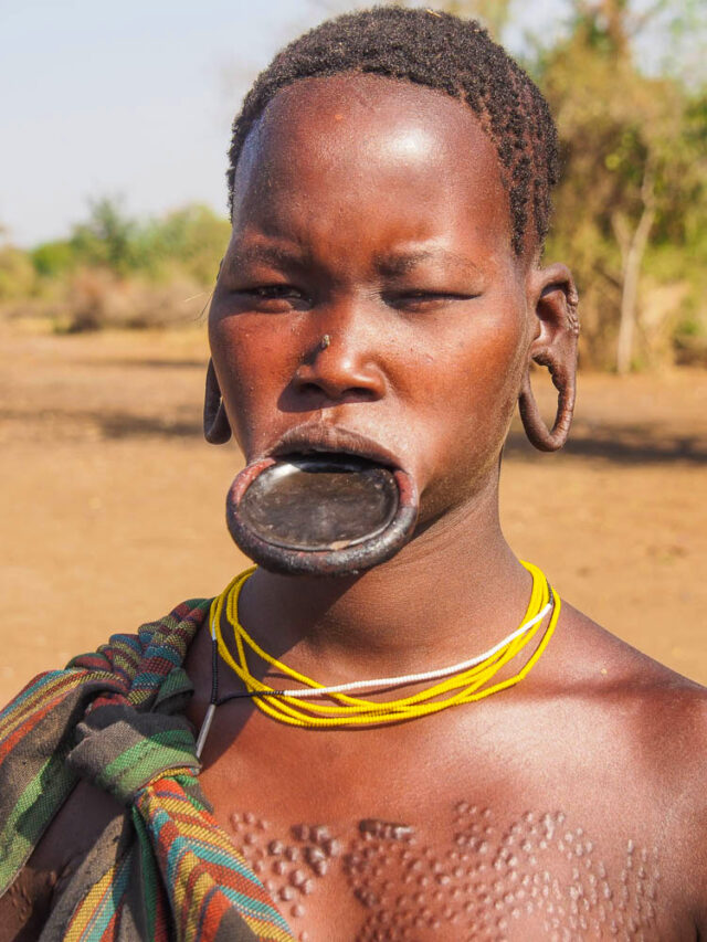 A person with a large lip plate, stretched earlobes, and a colorful yellow beaded necklace stands outdoors in a dry, wooded area of Ethiopia.