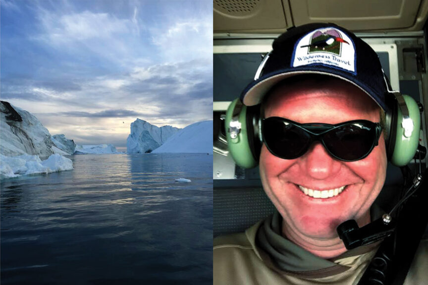 Left panel: Icebergs in arctic waters under a cloudy sky, with light reflecting off the glistening ice. Right panel: Smiling person in a cap and sunglasses, wearing a headset, sitting in a cockpit.