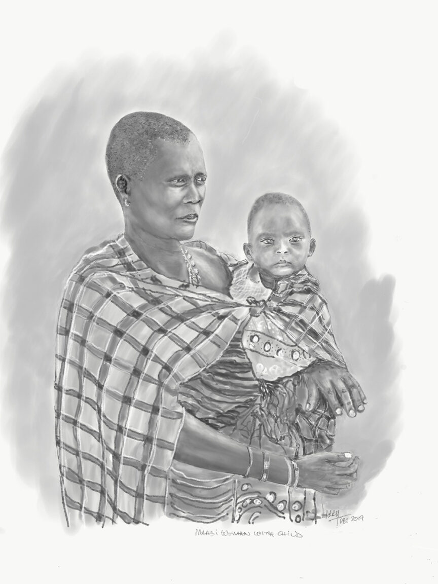 Black and white detailed sketch of a Maasai woman holding a child. Both are wrapped in patterned cloth. The woman gazes forward, while the child looks to the side, evoking the essence of a Tanzania safari.