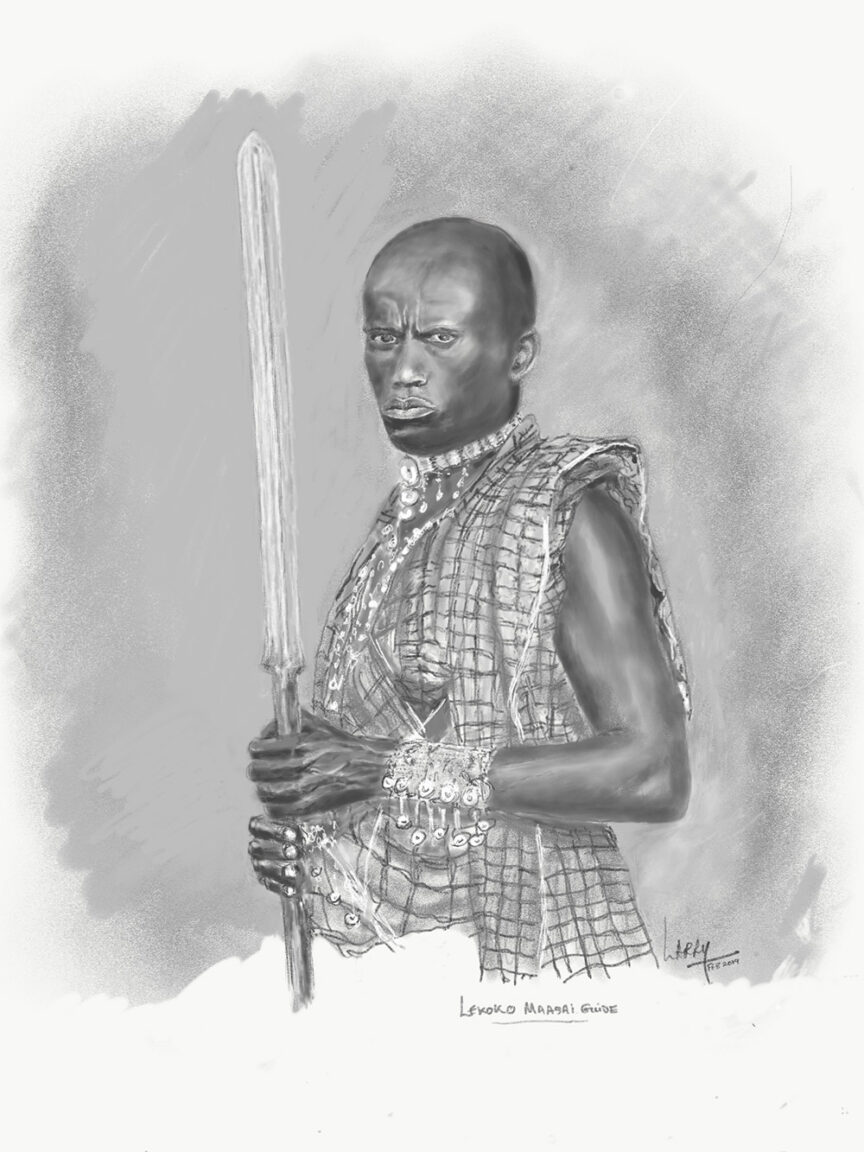 Black and white illustration of a person standing holding a spear, dressed in traditional attire decorated with beads, looking directly at the viewer, reminiscent of sketches from a Tanzanian safari.