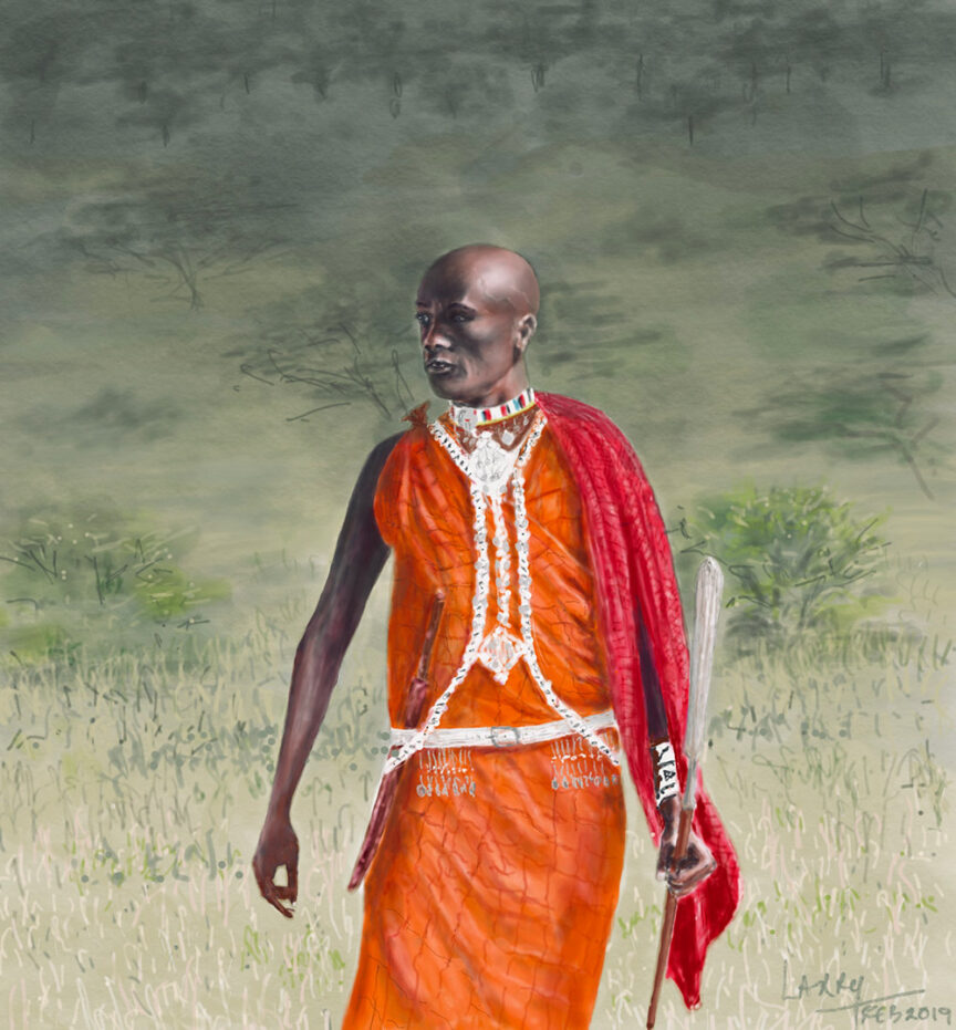 A man in traditional Maasai attire stands in a grassy field, holding a wooden staff. He wears a red robe and beaded jewelry. The background, reminiscent of sketches from a Tanzania safari, shows a blurred forest edge.