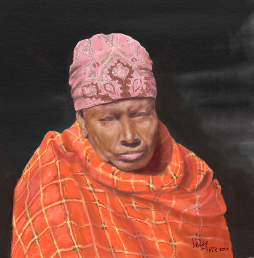 A painted portrait of an elderly person wearing a patterned pink headscarf and an orange shawl with a grid pattern, set against a dark background, evokes the essence of Tanzania. The person's expression appears contemplative, reminiscent of detailed safari sketches capturing untold stories.