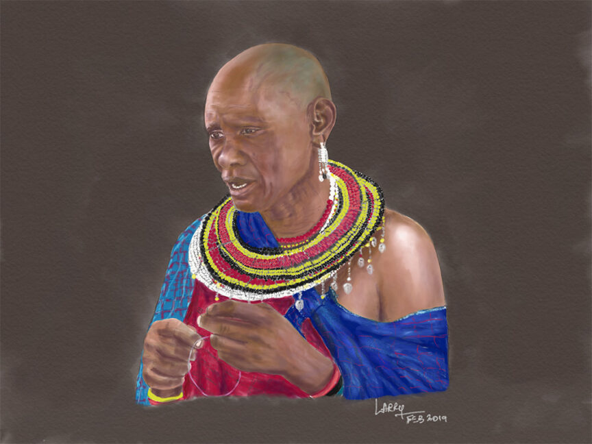 Digital painting of an older person wearing colorful beaded necklaces and traditional attire against a plain background. Reminiscent of scenes from a Tanzania safari, the date "Feb 3, 2019" and the name "Lareu" are signed in the bottom right.