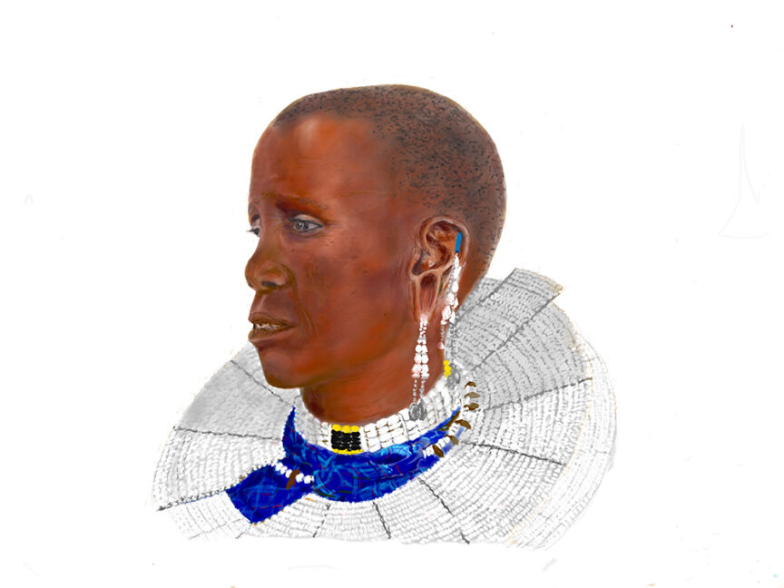 Illustration of a person with a shaved head wearing traditional, ornate beaded jewelry, including ear piercings, a necklace, and a collar. The background is plain white. The detailed sketch evokes the vibrant culture one might encounter on a Tanzania safari.