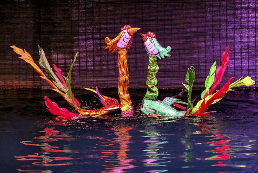 Two colorful bird-like puppets with long necks and vibrant feathers perform over a water stage, illuminated by bright lights, bringing to life the enchanting allure of Indochine.