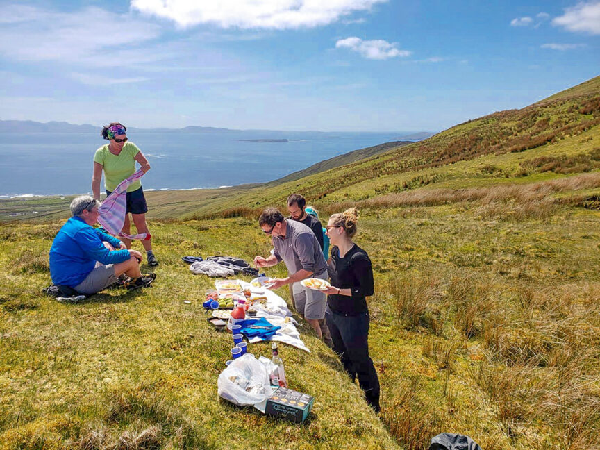 A group of people enjoys a picnic on a grassy hill overlooking Ireland's West Coast, with the sea in the background. Various snacks and beverages are spread out on a blanket. The sky is partly cloudy.