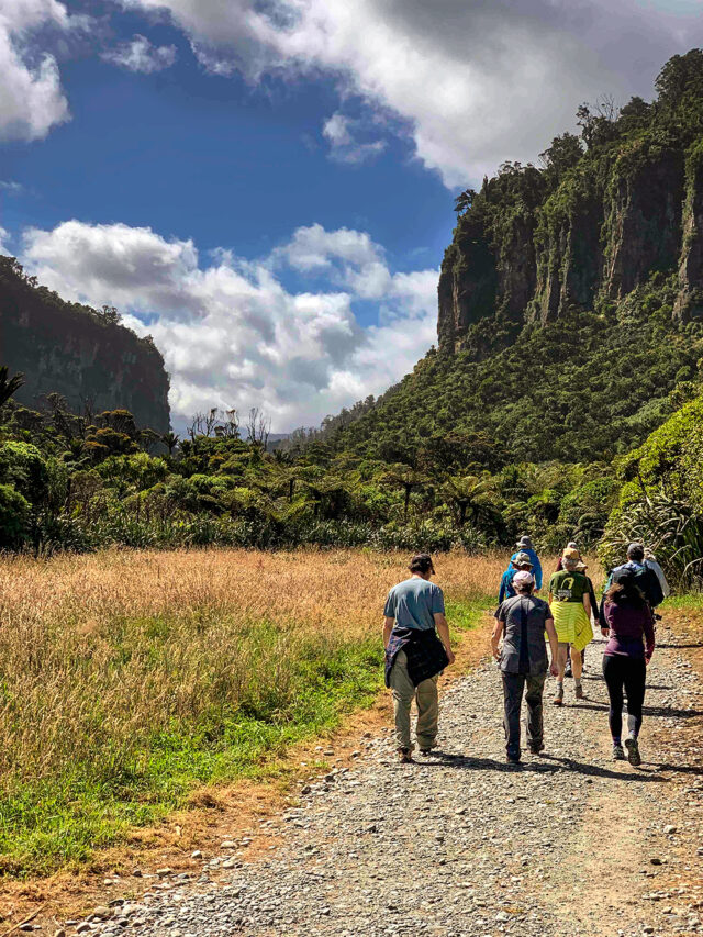 A group of people embark on adventures along a gravel trail surrounded by lush greenery and cliffs under a partly cloudy sky, experiencing the breathtaking 'mountains to sea' landscapes of New Zealand.