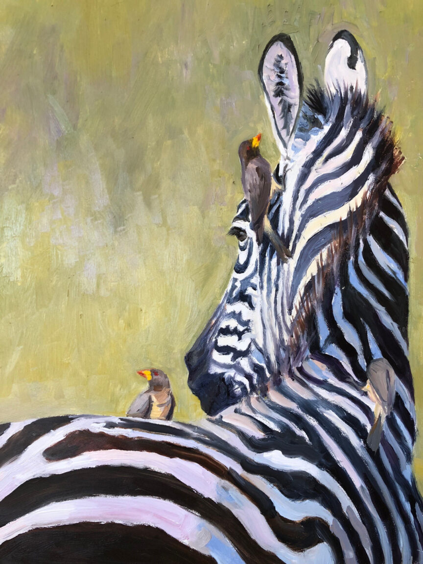 Canvas art capturing a zebra with several small birds perched on its head and body, set against a greenish-yellow background, evokes safari inspirations.
