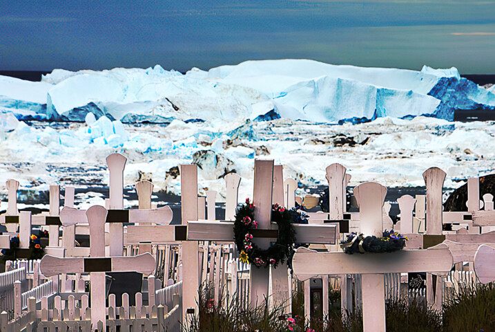 A cemetery with white cross graves lies in the foreground while large icebergs are visible in the background, creating a stark contrast that's reminiscent of Arctic landscapes often highlighted on Iceberg Capital's blog.
