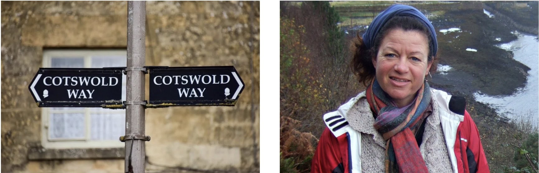 Left image: Two directional signs cheerfully point the way along the renowned hiking trail, "Cotswold Way." Right image: A woman donning a cozy scarf and headband stands outdoors, enjoying the crisp air near a shimmering body of water, evoking memories of scenic Wales.