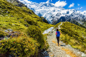 A person hikes on a rocky trail through New Zealand's green hills, with snowy mountains painting the backdrop under a clear blue sky, showcasing the unparalleled beauty of its national parks.