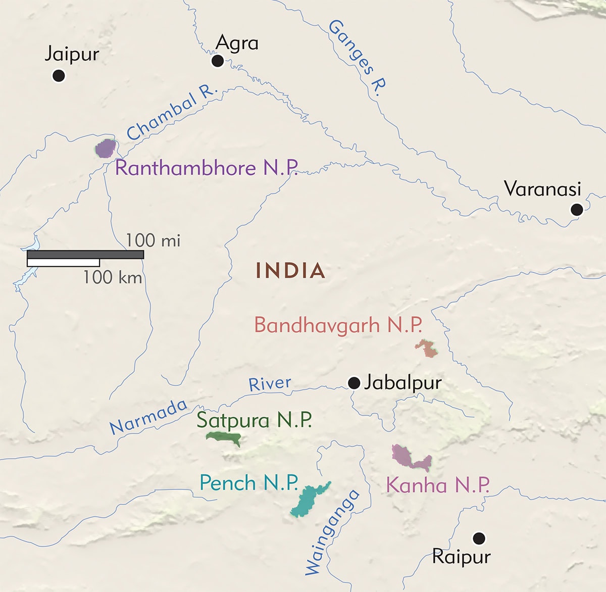 Map of Central India showcasing national parks ideal for wildlife viewing, such as Ranthambhore, Bandhavgarh, Kanha, Satpura, and Pench—each a haven for tigers. Major cities like Jaipur, Agra, and Varanasi are also marked.