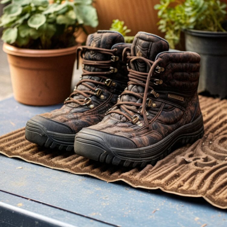 A pair of brown hiking boots with black rubber soles and laces sits on a textured brown mat, offering expert tips in style and durability. Potted plants provide a lush backdrop.