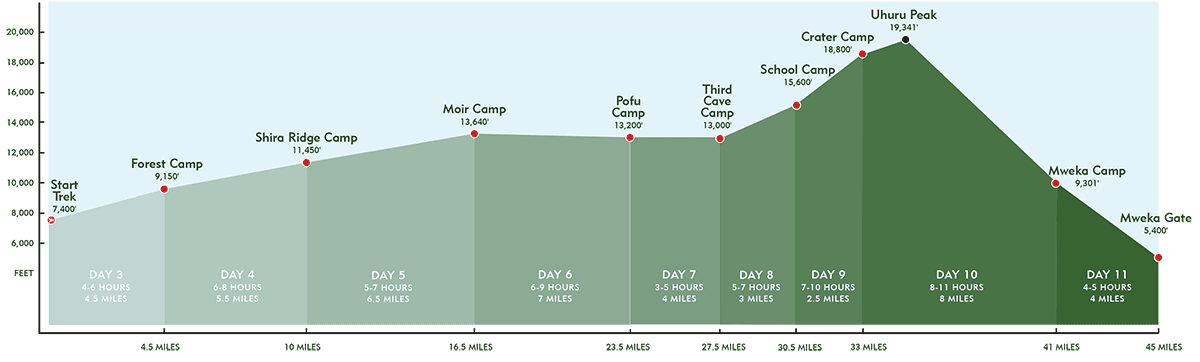 Elevation chart of a 10-day trek from Machame Gate to Uhuru Peak, a top choice when choosing the best route. It includes camps: Forest, Shira, Muir, Pofu, Third Cave, Crater, and Wheelers. Altitudes are shown in feet and distances in miles.
