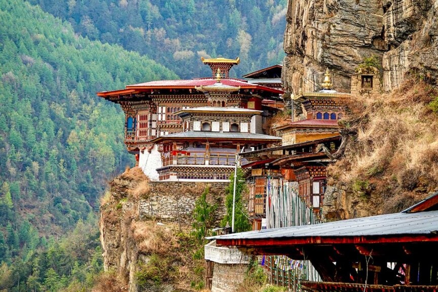 A traditional Bhutanese monastery with ornate architecture is built into a cliffside, overlooking a forested valley with mountains in the background—a cultural gem often admired by hiking enthusiasts.